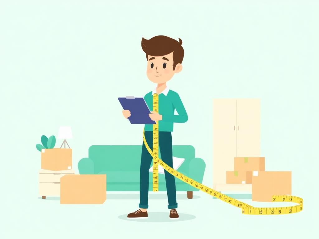 Self storage calculator in use: a homeowner measuring a sofa and stacked moving boxes with a tape measure to estimate cubic feet for a UK storage unit