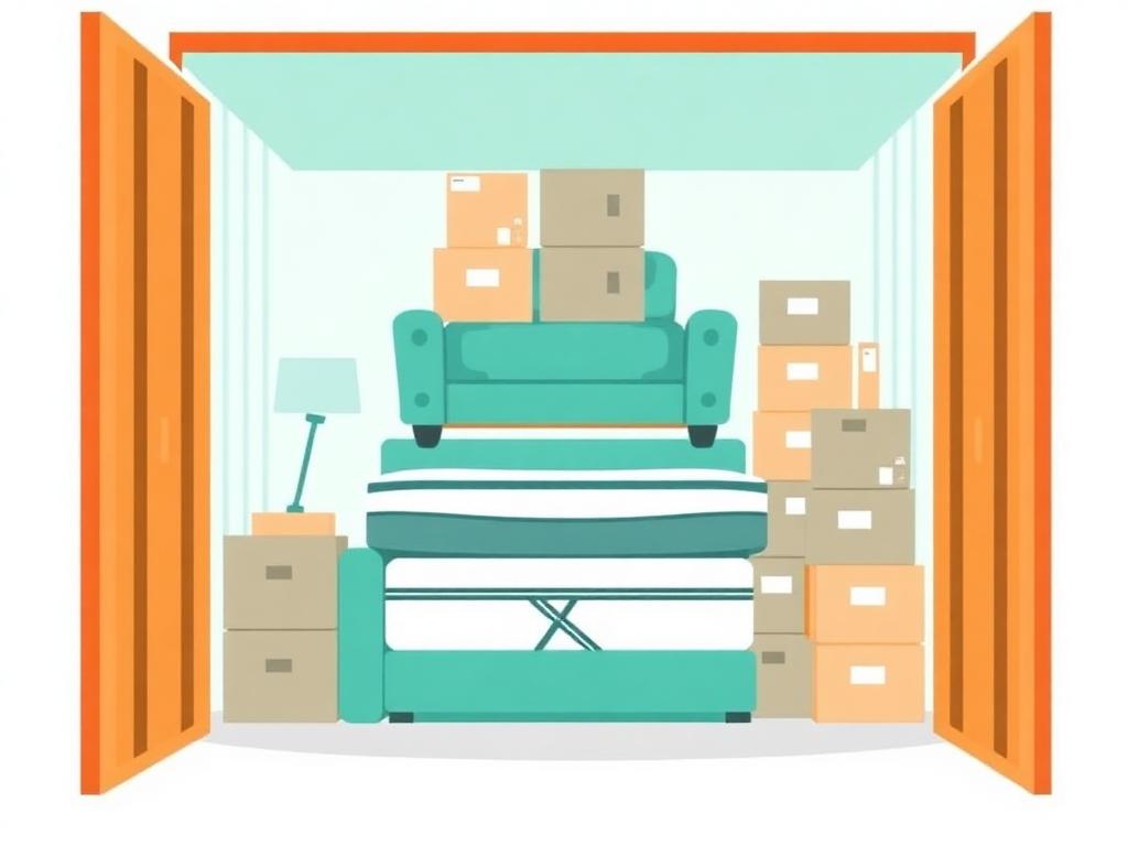 Space-saving packing tips: sofa, mattress, labelled boxes and wardrobe stacked vertically inside a 50 sq ft UK self storage unit to maximise capacity