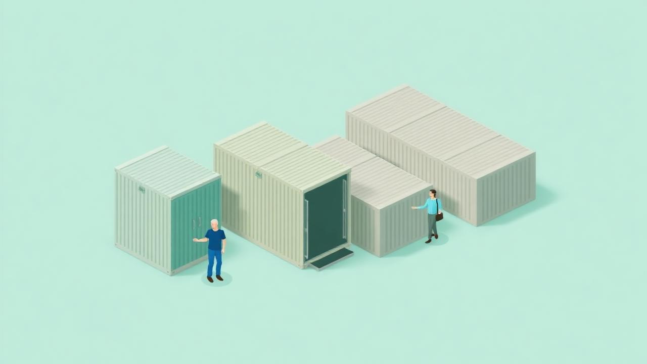 UK self storage unit size comparison chart showing 10, 25, 50, 75, 100 and 150 sq ft units side by side with typical household contents